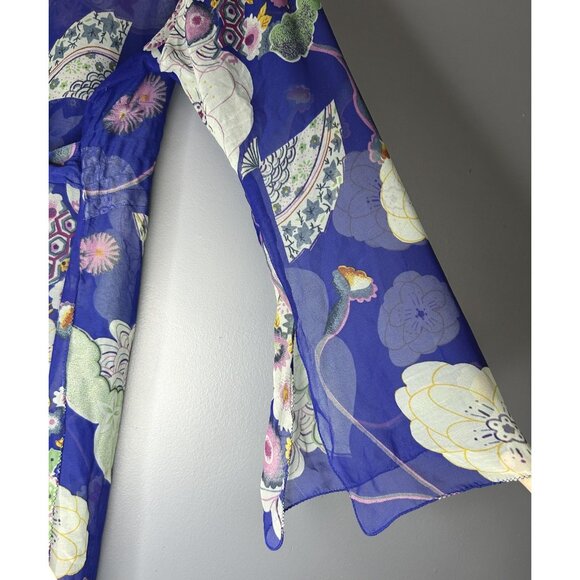 Pink Mode Kimono Tunic Top Womens 1X Blue Floral Sheer Tie Back Cover Up Boho - Picture 3 of 15